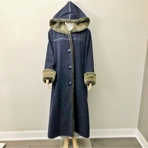 Vintage Cashmere Wool Oversized Fuax Fux Winter Long Pea Coat Maxi Jacket. Large